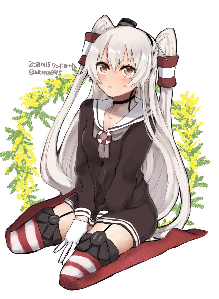1girl amatsukaze_(kantai_collection) brown_dress brown_neckwear commentary_request dated dress full_body garter_straps gloves hair_tubes highres kantai_collection lifebuoy lifebuoy_ornament long_hair looking_at_viewer necktie red_legwear sailor_collar sailor_dress short_dress silver_hair simple_background single_glove sitting smokestack_hair_ornament solo striped striped_legwear thighhighs twitter_username two_side_up wariza white_background white_sailor_collar windsock wo_zu wreath