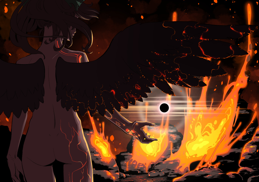 1girl arm_at_side ass back backlighting bird_wings black_hole black_wings bow brown_hair commentary_request completely_nude facing_away flat_ass floating_hair from_behind glowing glowing_skin green_bow hair_bow highres kawayabug long_hair molten_rock neck nude radiation_symbol reiuji_utsuho solo stone touhou wings