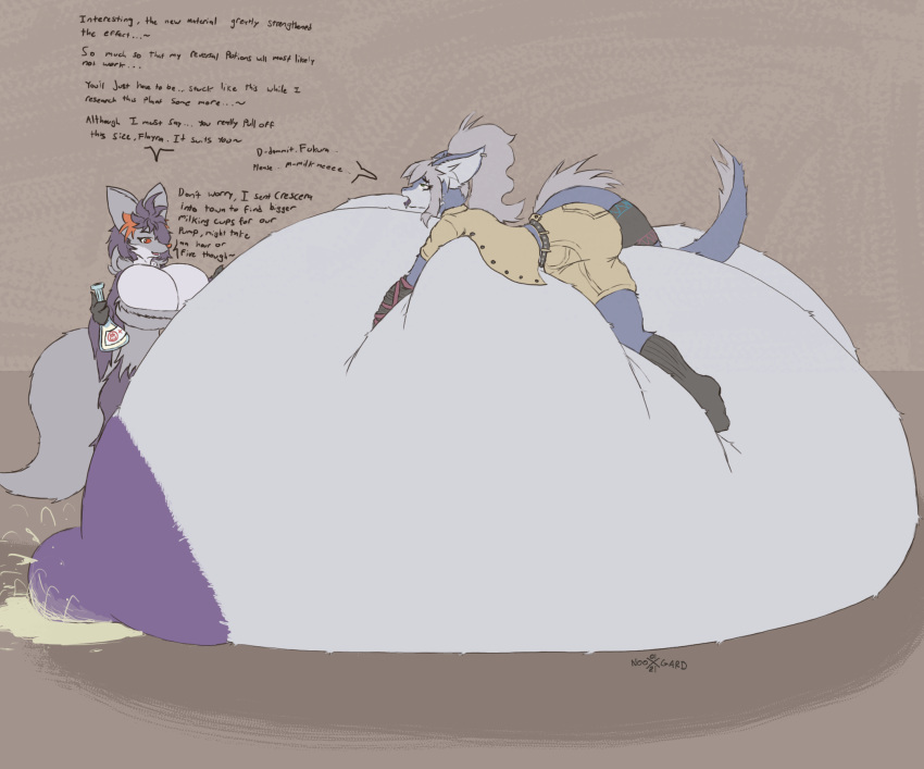 anthro big_breasts blouse bodily_fluids breast_squish breasts bxulnooxgard cleavage clothed clothing delphox dialogue dragon duo female female/female flayra footwear fukura fur furgonomics furred_dragon hair hi_res huge_breasts hyper hyper_breasts immobile inner_ear_fluff lactating milk nintendo nipples plantigrade pok&eacute;mon pok&eacute;mon_(species) ponytail potion socks squish tail_clothing thick_thighs topwear tuft video_games