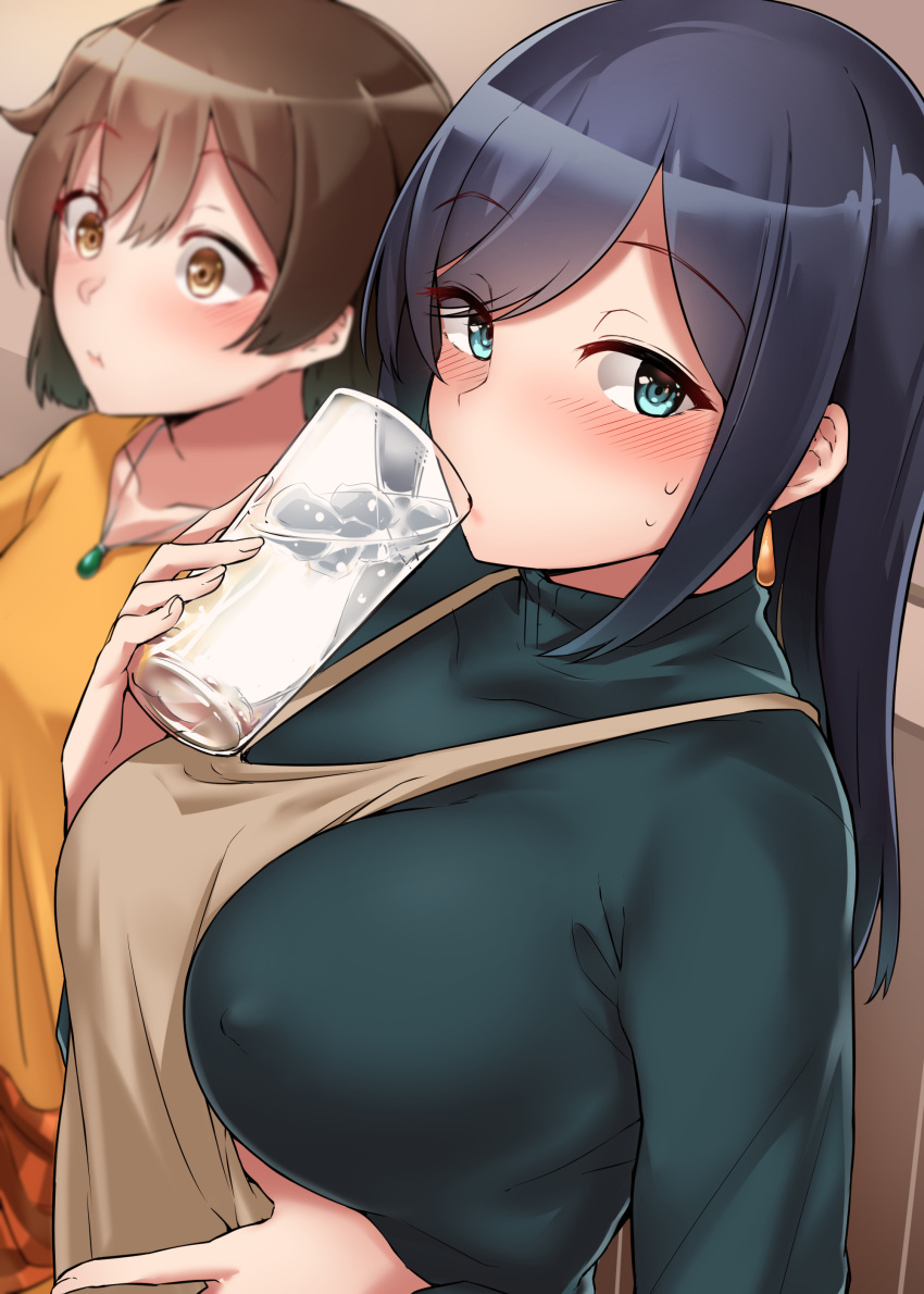 2girls absurdres blue_eyes blue_hair blush breasts brown_eyes brown_hair collarbone covered_nipples cup drinking drinking_glass eyebrows_visible_through_hair fingernails green_shirt hair_between_eyes highres hiryuu_(kantai_collection) holding holding_cup jewelry kantai_collection kiritto large_breasts long_hair looking_at_viewer multiple_girls necklace shirt short_hair souryuu_(kantai_collection) upper_body yellow_shirt