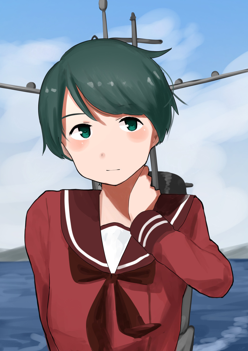 1girl 4me_4ma absurdres black_hair blue_sky blurry brown_neckwear brown_sailor_collar brown_serafuku cloud day depth_of_field green_eyes hands_on_own_neck highres kantai_collection long_sleeves machinery mogami_(kantai_collection) neckerchief ocean outdoors sailor_collar scenery school_uniform serafuku short_hair sky solo