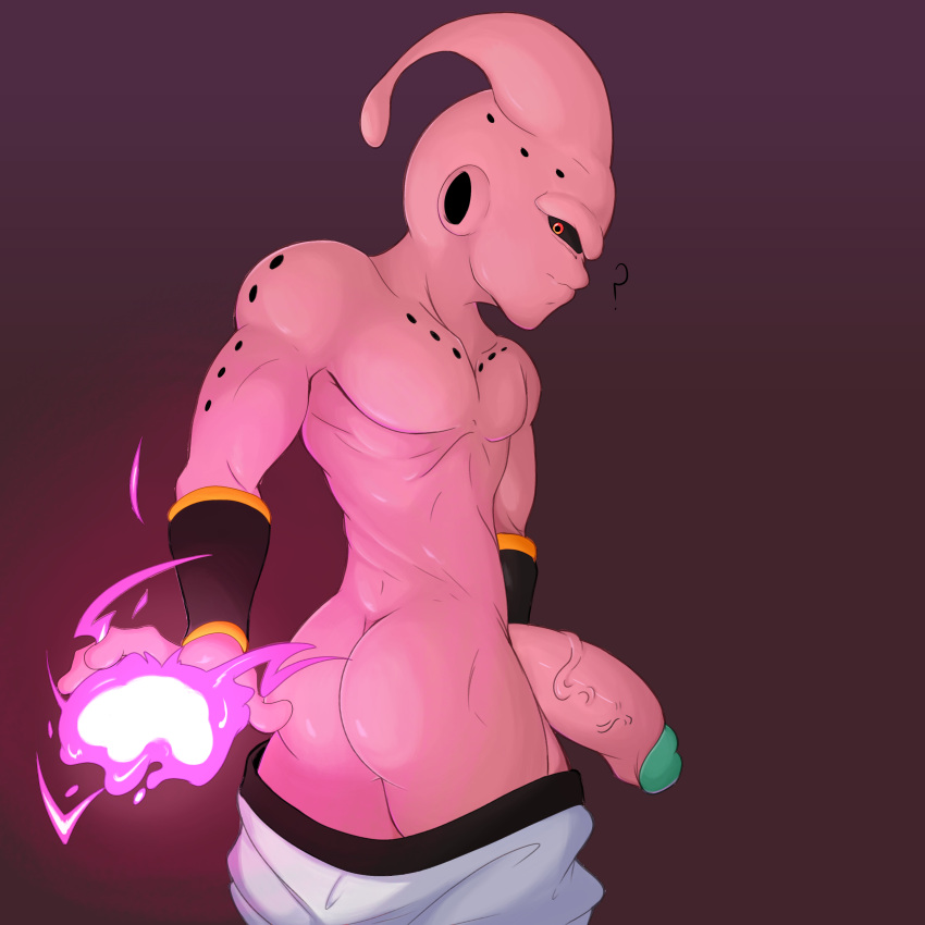 1:1 absurd_res alex_kitsune alien alien_humanoid big_penis butt dragon_ball energy_ball genitals hi_res humanoid kid_buu looking_at_viewer looking_back majin majin_buu male penis simple_background solo