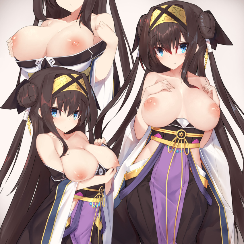 1girl blue_eyes breasts brown_hair double_bun hairband highres hip_vent japanese_clothes large_breasts light_smile long_hair looking_at_viewer multiple_views nipples rinne_(sennen_sensou_aigis) sash sennen_sensou_aigis simple_background very_long_hair wide_sleeves yellow_hairband yki
