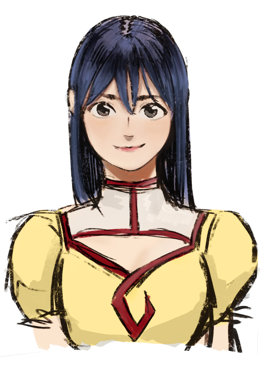 1girl agent_aika aika_(series) azelweien bangs blue_hair breasts brown_eyes cleavage_cutout clothing_cutout delmogeny_uniform dress face golden_delmo highres long_hair long_sleeves looking_at_viewer petoriyacowa_rie sketch smile solo star_(symbol) traditional_media uniform white_background yellow_dress