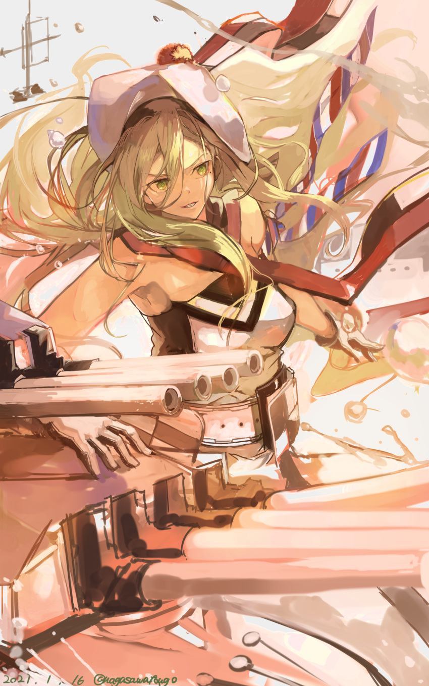 1girl absurdres arm_scarf bangs beret blonde_hair breasts dated dress gloves green_eyes grin hair_between_eyes hat highres kantai_collection long_hair medium_breasts mole mole_under_eye nagasawa_tougo pom_pom_(clothes) red_scarf richelieu_(kantai_collection) rigging scarf sleeveless sleeveless_dress smile solo strapless strapless_dress twitter_username water white_gloves white_headwear