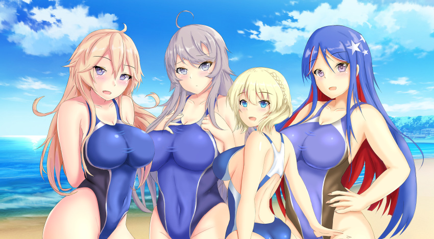 4girls beach blonde_hair blue_eyes blue_swimsuit breasts colorado_(kantai_collection) competition_swimsuit highleg highleg_swimsuit highres iowa_(kantai_collection) kantai_collection large_breasts long_hair montemasa multicolored_hair multiple_girls one-piece_swimsuit purple_eyes short_hair south_dakota_(kantai_collection) star-shaped_pupils star_(symbol) swimsuit symbol-shaped_pupils tagme washington_(kantai_collection)