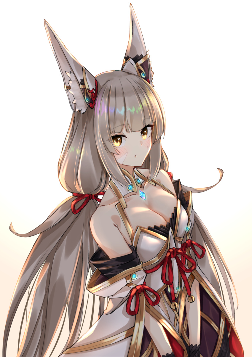 1girl animal_ears bare_shoulders breasts chest_jewel cleavage detached_sleeves eyebrows_visible_through_hair facial_mark highres leotard long_hair low_twintails medium_breasts nia_(blade)_(xenoblade) nia_(xenoblade) sarasadou_dan silver_hair simple_background solo twintails very_long_hair white_background xenoblade_chronicles_(series) xenoblade_chronicles_2 yellow_eyes