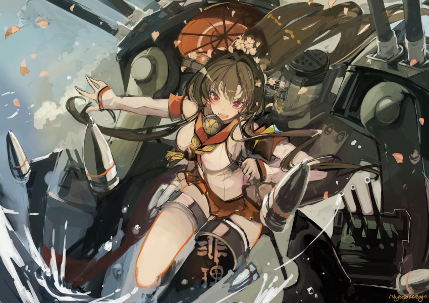 1girl bangs black_legwear breasts clothes_writing cloud detached_sleeves flower hair_between_eyes hair_flower hair_ornament headgear highres holding holding_umbrella kantai_collection large_breasts long_hair long_sleeves nagasawa_tougo oil-paper_umbrella open_mouth outdoors petals ponytail red_eyes red_skirt red_umbrella rigging shell_casing signature single_thighhigh skirt sky solo tassel thighhighs umbrella water yamato_(kantai_collection)