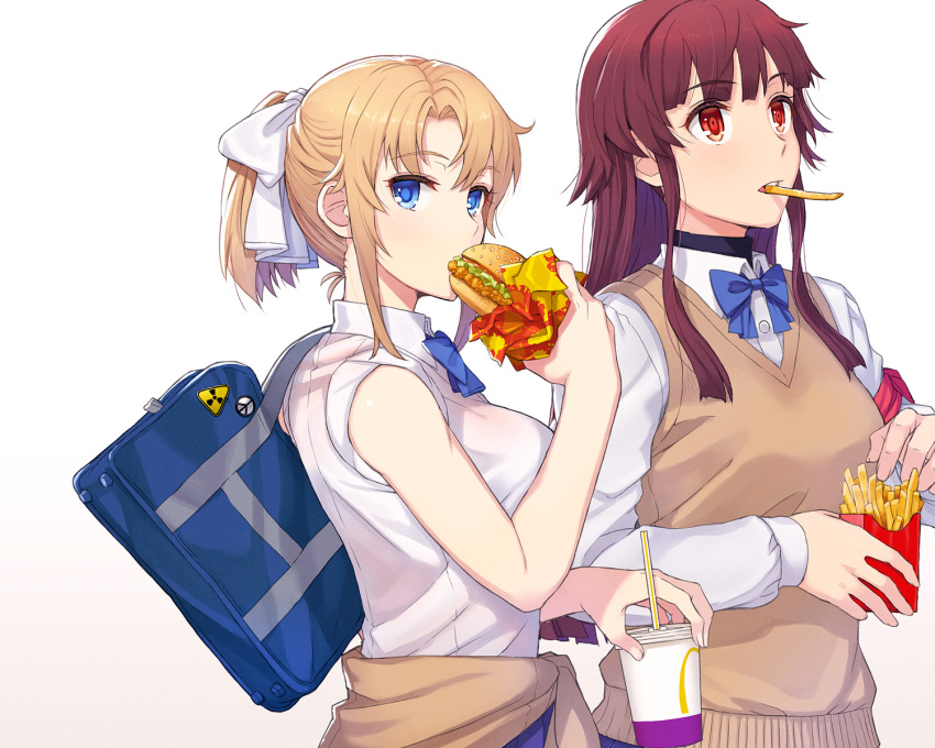 2girls armband bag bangs blonde_girl_(itou) blonde_hair blue_bow bow clothes_around_waist commentary_request cup drinking_straw eating eyebrows_visible_through_hair food french_fries hamburger highres itou_(onsoku_tassha) long_hair mcdonald's multiple_girls original radioactive red_eyes red_hair school_bag shirt short_ponytail sidelocks simple_background sweater sweater_around_waist sweater_vest white_background white_shirt