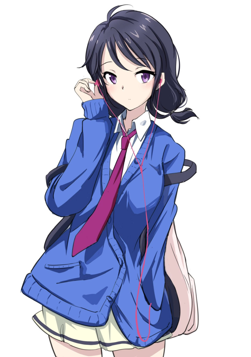 1girl backpack bag bangs black_hair blue_cardigan cable cardigan closed_mouth collared_shirt cowboy_shot earphones eyebrows_visible_through_hair hand_in_pocket hand_up highres holding holding_earphones kajino_(aosansai) long_hair long_sleeves looking_at_viewer loose_necktie low_twintails necktie pleated_skirt purple_eyes purple_neckwear school_bag school_uniform shirt simple_background single_earphone_removed skirt solo standing tamura_yuri twintails watashi_ga_motenai_no_wa_dou_kangaetemo_omaera_ga_warui! white_background white_shirt yellow_skirt