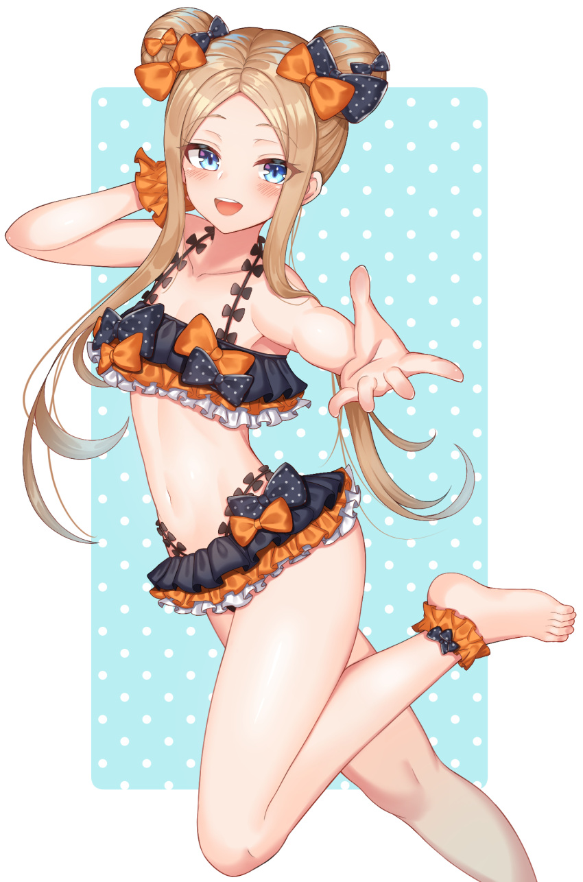 1girl abigail_williams_(fate/grand_order) bangs bare_shoulders bikini black_bikini black_bow blonde_hair blue_eyes blush bow breasts collarbone double_bun emerald_float fate/grand_order fate_(series) forehead frilled_bikini frills hair_bow highres komainu_(yamaha1997) legs long_hair looking_at_viewer miniskirt multiple_bows multiple_hair_bows navel open_mouth orange_bow outstretched_arm parted_bangs polka_dot polka_dot_bow sidelocks skirt small_breasts smile swimsuit thighs
