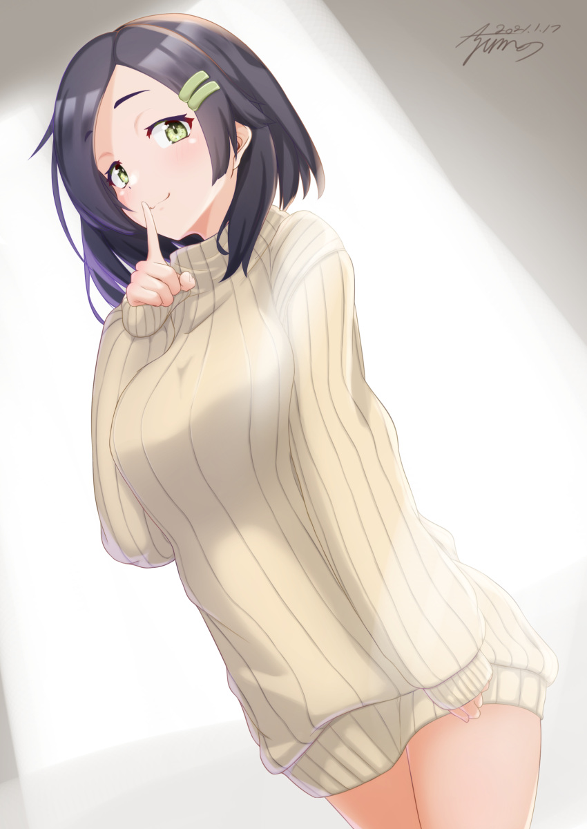 1girl absurdres ayuman beige_dress beige_sweater black_hair commentary_request commission cowboy_shot dress green_eyes hair_ornament hairclip highres index_finger_raised kantai_collection kuroshio_(kantai_collection) looking_at_viewer ribbed_sweater short_hair sleeves_past_wrists smile solo standing sweater sweater_dress