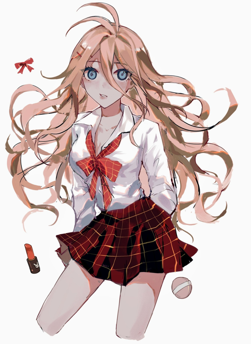 1girl antenna_hair arms_behind_back ball bangs blonde_hair blue_eyes blush bow bowtie breasts chu_dong cleavage collarbone collared_shirt cropped_legs danganronpa_(series) danganronpa_v3:_killing_harmony grey_background hair_between_eyes highres iruma_miu large_breasts lipstick long_hair looking_at_viewer makeup messy_hair parted_lips plaid plaid_bow plaid_bowtie plaid_skirt red_bow red_bowtie red_skirt shiny shiny_hair shirt simple_background skirt solo squinting teeth white_background white_shirt