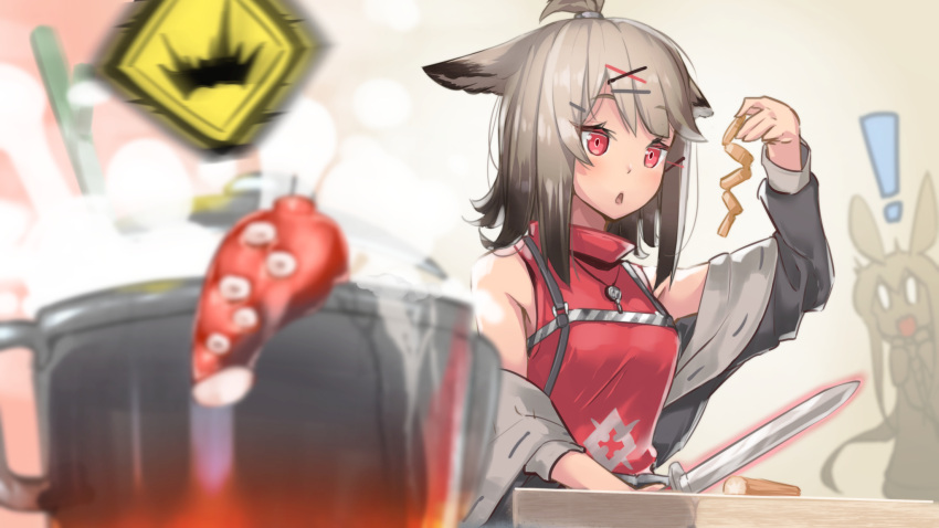 ! 0_0 2girls :o amiya_(arknights) animal_ears arknights arm_up bangs bare_shoulders blush brown_hair bunny_ears cooking cutter_(arknights) cutting_board eyebrows_visible_through_hair food fox_ears fox_tail gradient_hair grey_jacket hair_ornament hairclip hellnyaa highres holding holding_food holding_knife jacket jewelry knife long_sleeves multicolored_hair multiple_girls necklace open_clothes open_jacket open_mouth pot red_eyes red_shirt shirt solo_focus spring_(season) surprised tail tentacles upper_body x_hair_ornament