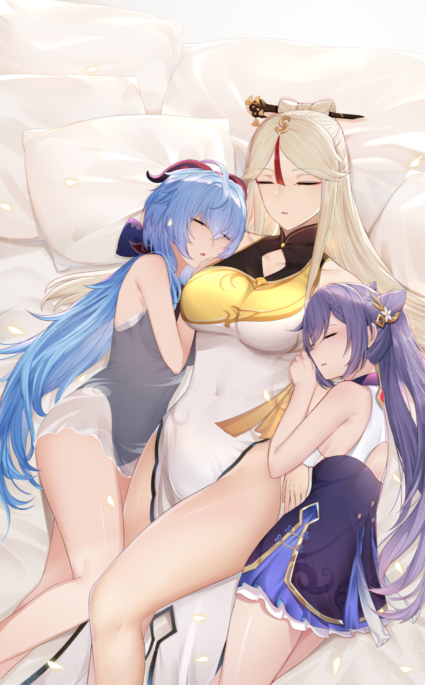 3girls 7t absurdres bare_legs bed_sheet blue_hair breasts chinese_clothes closed_eyes commentary_request covered_navel dress ganyu_(genshin_impact) genshin_impact highres holding_arm horns keqing large_breasts legs leotard leotard_under_clothes looking_at_viewer low_ponytail lying multiple_girls nightgown ningguang on_back on_bed open_mouth parted_lips pillow purple_hair red_eyes sandwiched see-through sleeping twintails white_hair yuri