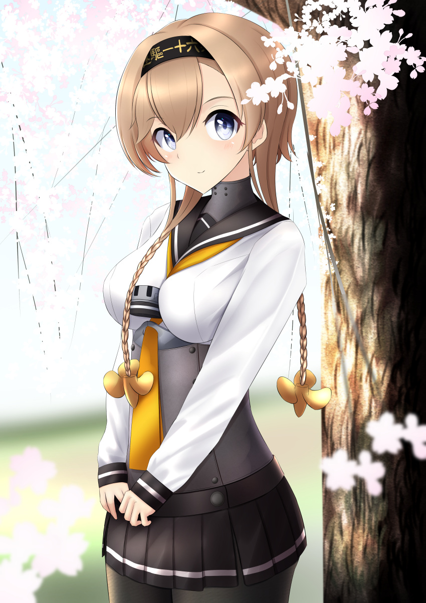 absurdres between_breasts black_legwear blue_eyes braid breasts cherry_blossoms hachimaki hair_ornament headband highres kantai_collection large_breasts light_brown_hair long_sleeves nokonoko outdoors pantyhose propeller_hair_ornament school_uniform serafuku teruzuki_(kantai_collection) tree twin_braids