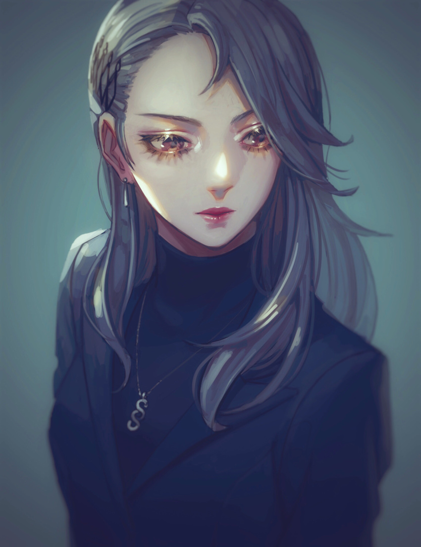 1girl absurdres asymmetrical_bangs bangs black_jacket black_sweater brown_eyes earrings grey_background highres jacket jewelry long_hair niijima_sae pendant persona persona_5 red_lips sageo_yn silver_hair solo standing sweater turtleneck turtleneck_sweater upper_body