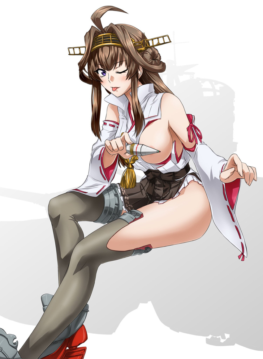 1girl ahoge akito_(sub707) ammunition bangs boots breast_slip breasts brown_hair brown_hakama detached_sleeves double_bun hakama hakama_skirt headgear highres japanese_clothes kantai_collection kongou_(kantai_collection) large_breasts long_hair nontraditional_miko one_breast_out one_eye_closed purple_eyes ribbon-trimmed_sleeves ribbon_trim rudder_footwear solo thigh_boots thighhighs tongue tongue_out