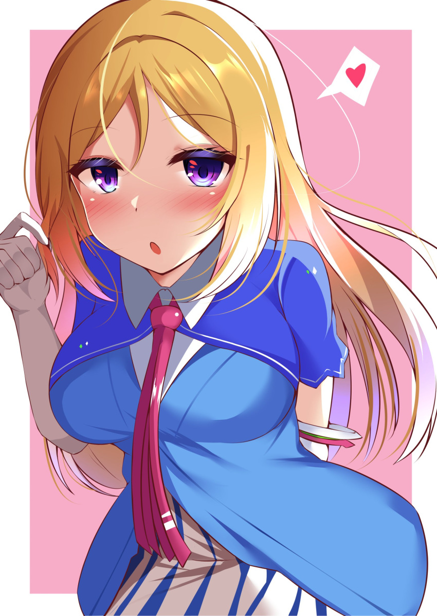 1girl :o absurdres aki_rosenthal alternate_hairstyle blonde_hair blush breasts elbow_gloves gloves hair_between_eyes heart highres hololive leaning_forward long_hair looking_at_viewer medium_breasts open_mouth purple_eyes purple_neckwear skirt solo speech_bubble spoken_heart striped striped_skirt virtual_youtuber white_gloves zatu