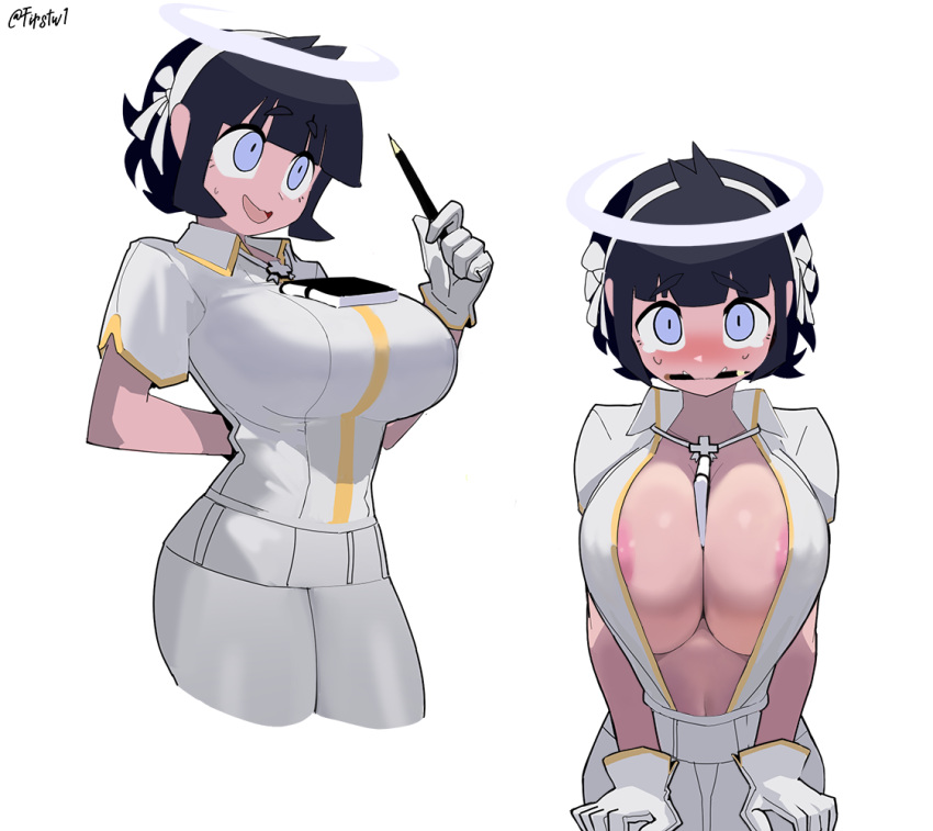 1girl angel areola_slip areolae azazel_(helltaker) balancing bangs between_breasts black_hair blue_eyes blush breasts cropped_legs firstw1 gloves hair_ribbon halo helltaker huge_breasts left-handed looking_at_viewer mouth_hold multiple_views no_bra notebook object_on_breast open_mouth pants pen ribbon shirt short_hair short_sleeves simple_background smile tawawa_challenge white_background white_gloves white_pants white_shirt