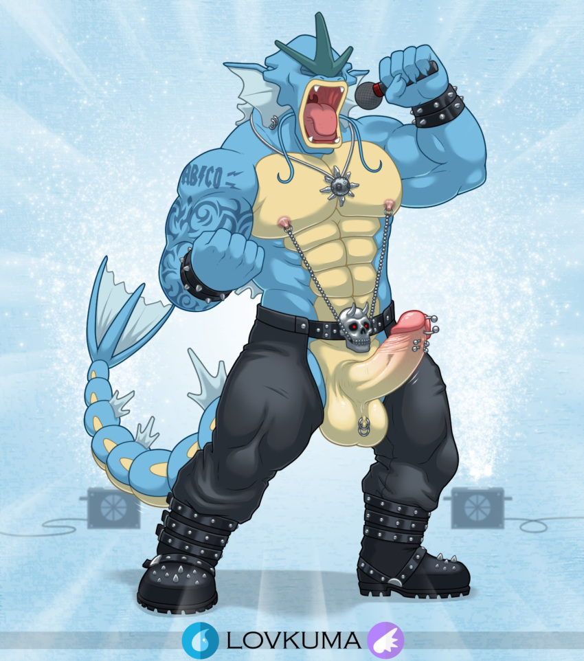 2021 abs anthro anthrofied aquatic_dragon balls belt biceps blue_body blue_scales bone boots bottomwear bracelet chaps clothed clothing crotchless_bottomwear crotchless_clothing crotchless_pants dragon erection eyes_closed facial_hair fin fin_piercing footwear furgonomics furry-specific_piercing genital_piercing genitals gyarados hi_res horn humanoid_genitalia humanoid_penis jewelry leather leather_boots leather_bottomwear leather_clothing leather_footwear leather_pants lighting_bolt long_tail lovkuma male marine metalhead microphone multicolored_body multicolored_scales muscular muscular_anthro muscular_male mustache nintendo nipple_chain nipple_piercing nipples pants penis penis_piercing piercing pok&eacute;mon pok&eacute;mon_(species) pok&eacute;morph prince_albert_piercing pyrotechnics rock_star rockstar scales scrotum_piercing signature singing skull solo solrock speaker spiked_bracelet spikes spray tail_fin tan_body tan_scales tattoo tattooed_arm text topless triceps two_tone_body two_tone_scales video_games