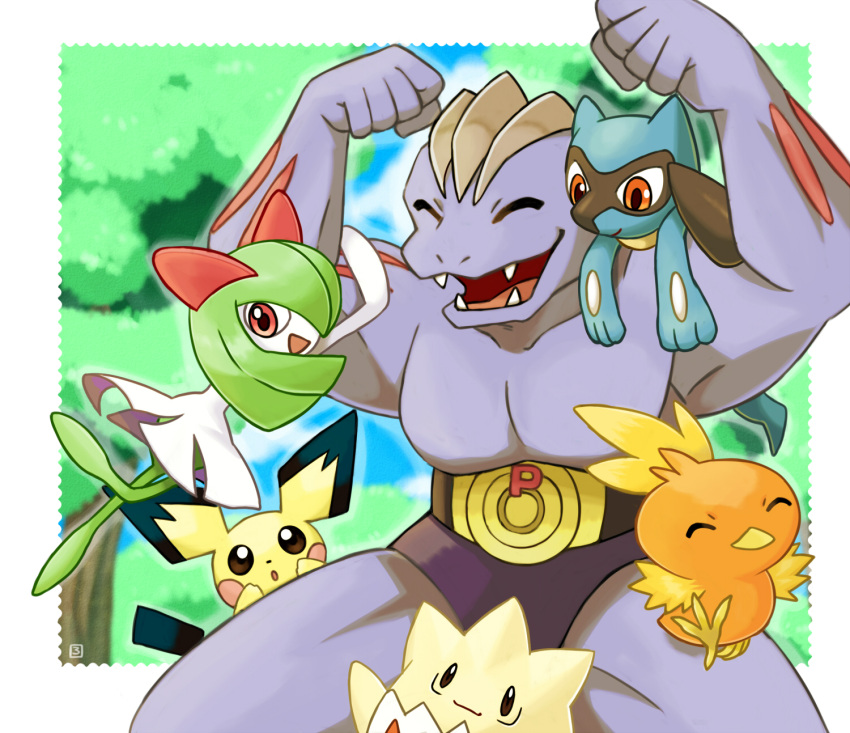 1boy 1girl ^_^ arms_up artist_name bangs belt bikini_briefs blue_sky blush_stickers border brown_eyes clenched_hands closed_eyes closed_mouth cloud collarbone colored_skin commentary_request day fangs flexing gen_1_pokemon gen_2_pokemon gen_3_pokemon gen_4_pokemon green_hair green_skin hair_over_one_eye hanging_on_arm happy highres jumping kirlia legs_apart long_hair looking_down machoke male_underwear multicolored multicolored_skin muscular muscular_male on_shoulder open_mouth outdoors outline outside_border pectorals pichu pokemon pokemon_(creature) pokemon_on_shoulder pose purple_skin red_eyes riolu rorosuke signature sky smile thick_thighs thighs togepi torchic tree two-tone_skin underwear white_border white_skin