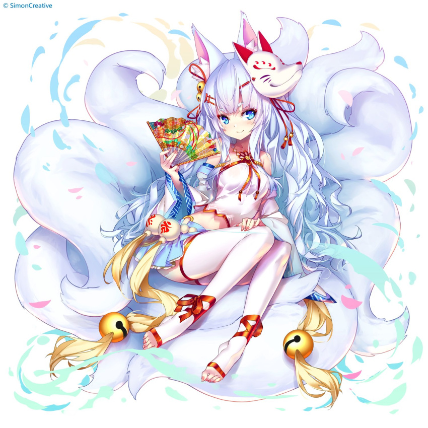 animal_ear_fluff animal_ears ankle_ribbon bell blue_eyes breasts crop_top detached_sleeves eyebrows_visible_through_hair fan folding_fan fox_ears fox_mask fox_tail full_body hair_bell hair_ornament hairclip halterneck highres hong_(white_spider) jingle_bell kuuki_shoujo kyuubi long_hair mask mask_on_head medium_breasts miniskirt multiple_girls multiple_tails pink_nails pleated_skirt ribbon sidelocks skirt smile tail the_personification_of_atmosphere thighhighs toeless_legwear toenail_polish white_hair white_legwear wide_sleeves