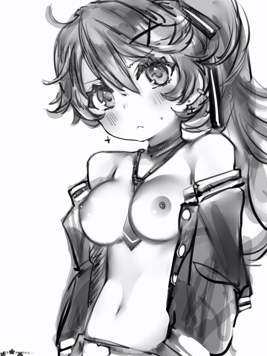 1girl bare_shoulders between_breasts blush breasts closed_mouth copyright_request cross cross_earrings earrings greyscale hair_between_eyes hair_ribbon head_tilt highres jacket jewelry looking_at_viewer medium_breasts mini_necktie monochrome nanashi_(nlo) navel necktie necktie_between_breasts nipples open_clothes open_jacket ponytail ribbon simple_background solo white_background