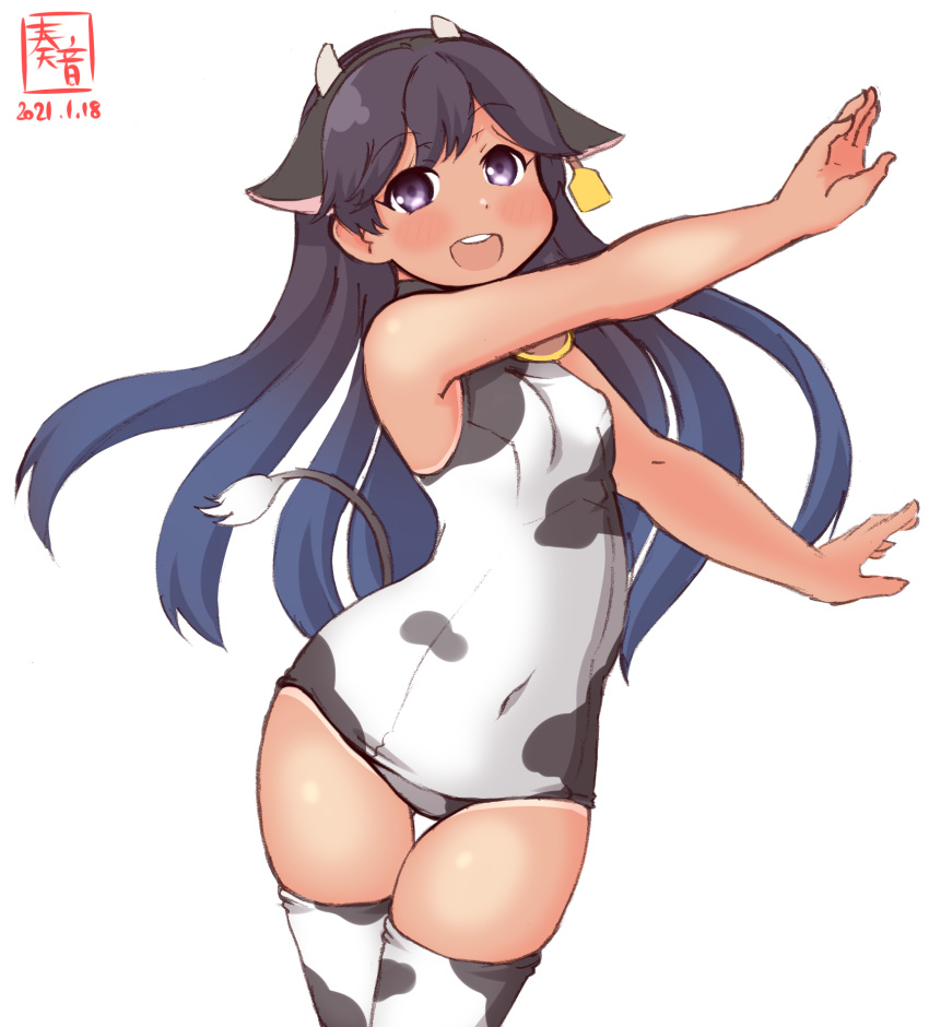 1girl alternate_costume animal_ears animal_print artist_logo bell black_eyes black_hair breasts commentary_request cow_ears cow_horns cow_print cowbell cowboy_shot dated ear_tag fake_animal_ears fake_horns highres horns i-400_(kantai_collection) kanon_(kurogane_knights) kantai_collection long_hair one-piece_tan open_mouth pose round_teeth school_swimsuit simple_background small_breasts smile solo swimsuit tan tanline teeth thighhighs upper_teeth white_background white_legwear white_swimsuit