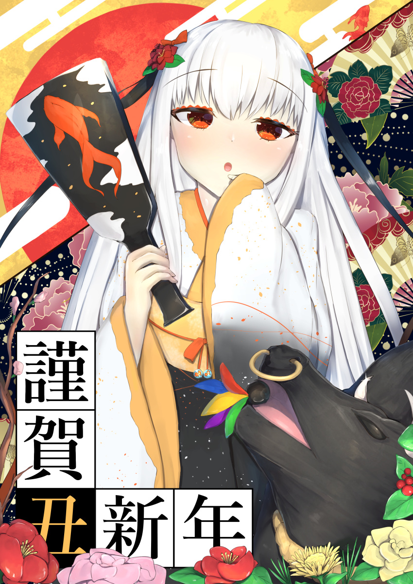 1girl :o absurdres blush bull commentary eyebrows_visible_through_hair finger_to_mouth flower highres holding japanese_clothes kimono long_hair long_sleeves looking_at_viewer nengajou new_year nori_aji nose_piercing nose_ring obi open_mouth original piercing red_eyes sash sleeves_past_wrists translated white_hair wide_sleeves