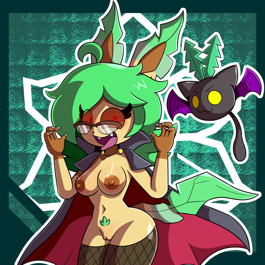 2021 absurd_res anthro areola bat_wings beta_hoppip beta_pok&eacute;mon_(species) beta_pok&eacute;mon_games breasts brown_areola brown_eyewear brown_glasses brown_nipples brown_sclera cape chiropteran claws clothed clothing costume digital_media_(artwork) eeveelution eyewear fangs female fur genitals glasses grass green_hair hair halloween hi_res holidays icon leafeon legwear looking_at_viewer mammal membrane_(anatomy) membranous_wings mintyspirit mostly_nude nintendo nipples open_mouth plant pok&eacute;mon pok&eacute;mon_(species) pok&eacute;mon_gold_beta pussy red_eyes smile solo sunnyleafeon_(mintyspirit) thick_thighs tights tongue vampire vampire_costume video_games widescreen wings yellow_body yellow_fur