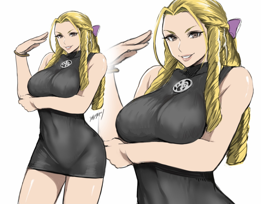 1girl arm_under_breasts black_clothes blonde_hair bow braid breasts brown_eyes crown_braid hair_bow kanzuki_karin large_breasts long_hair looking_at_viewer ojou-sama_pose pink_bow shibusun sidelocks skin_tight smile solo street_fighter v-shaped_eyebrows white_background zoom_layer