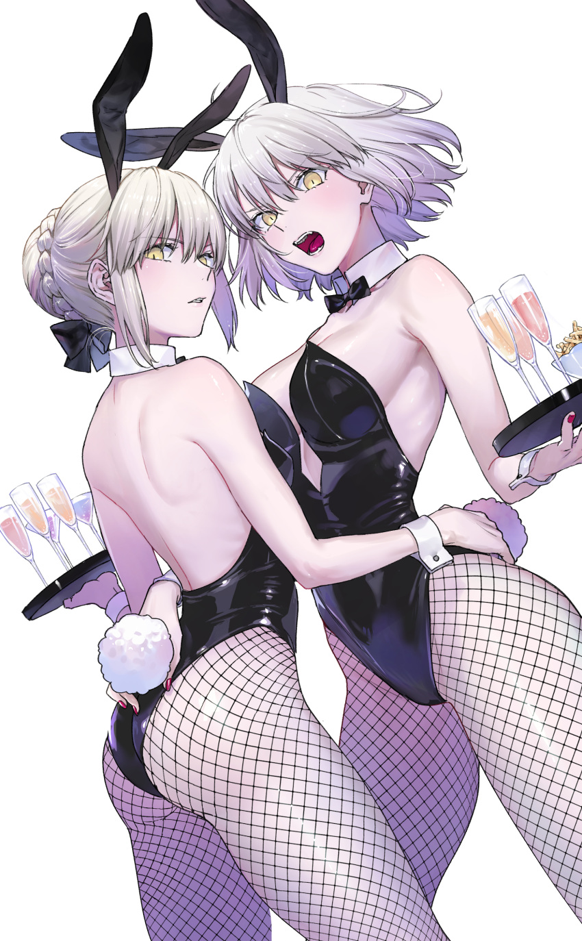 2girls absurdres animal_ears arm_around_waist artoria_pendragon_(all) ass back backless_leotard bangs bare_arms bare_shoulders black_bow black_legwear black_leotard black_neckwear blonde_hair blush bow bowtie breasts bunny_ears bunny_tail champagne_flute cleavage cup detached_collar drinking_glass dutch_angle eyebrows_visible_through_hair fake_animal_ears fake_tail fate/grand_order fate_(series) fishnet_legwear fishnets hair_bow hair_bun highres holding holding_tray jeanne_d'arc_(alter)_(fate) jeanne_d'arc_(fate)_(all) leotard looking_at_viewer looking_back medium_breasts multiple_girls nail_polish nipi27 open_mouth pantyhose parted_lips playboy_bunny red_nails saber_alter short_hair silver_hair simple_background strapless strapless_leotard tail thighs tray v-shaped_eyebrows white_background wrist_cuffs
