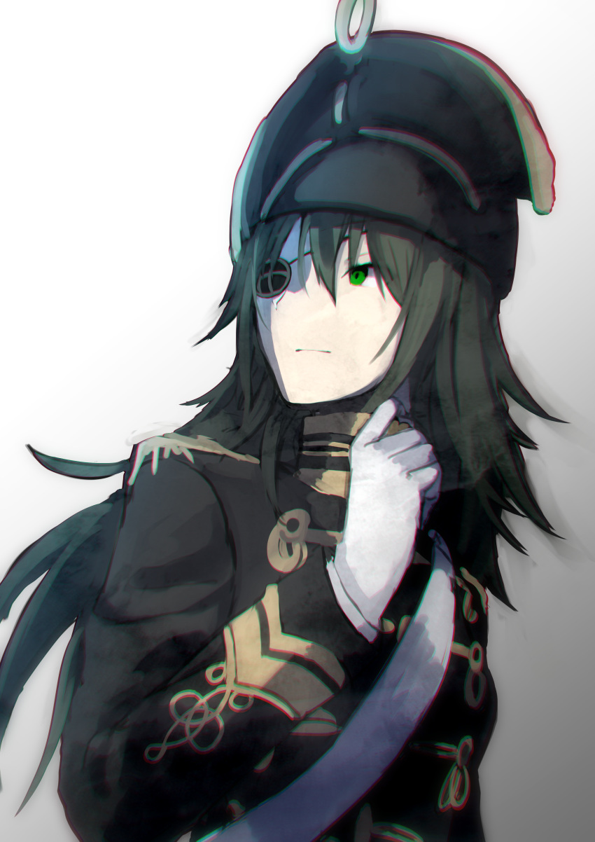 1girl absurdres black_headwear black_jacket epaulettes eyepatch gloves gold_trim green_eyes green_hair hand_up hat highres hussar jacket kantai_collection kiso_(kantai_collection) long_hair looking_to_the_side military military_hat military_uniform nashiki_053 remodel_(kantai_collection) shoulder_belt solo uniform white_gloves