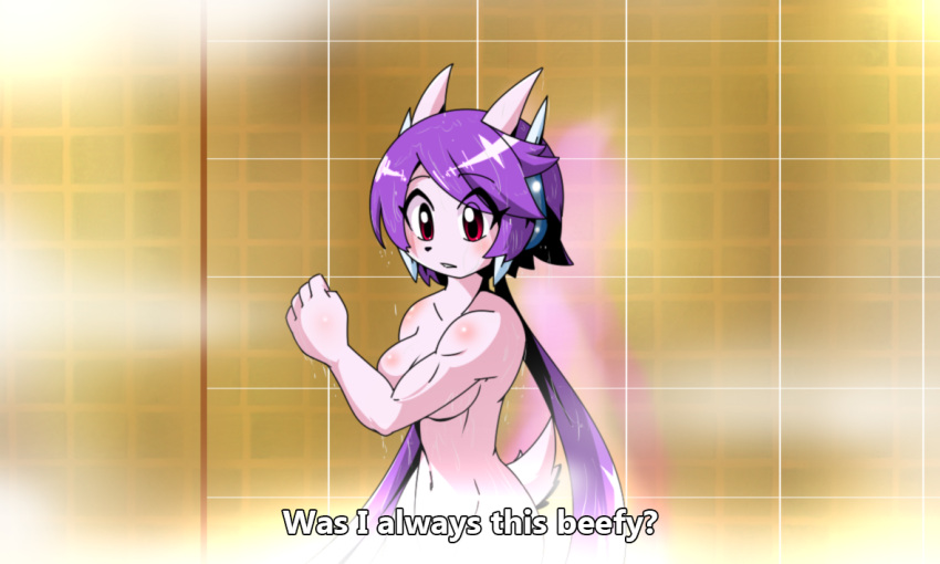 anthro aquatic_dragon blush breasts dragon english_text female fire_force fist freedom_planet freedom_planet_2 hair horn hybrid kenjikanzaki05 lilac_fur long_hair mammal marine navel nude purple_hair sash_lilac shower solo standing steam subtitled text video_games