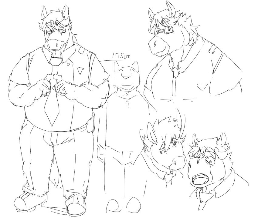 2021 anthro belly bottomwear canid canine canis clothing domestic_dog duo equid equine eyewear glasses hi_res horse kemono male mammal model_sheet necktie overweight overweight_male pants shirt simple_background sketch topwear train_(artist) white_background