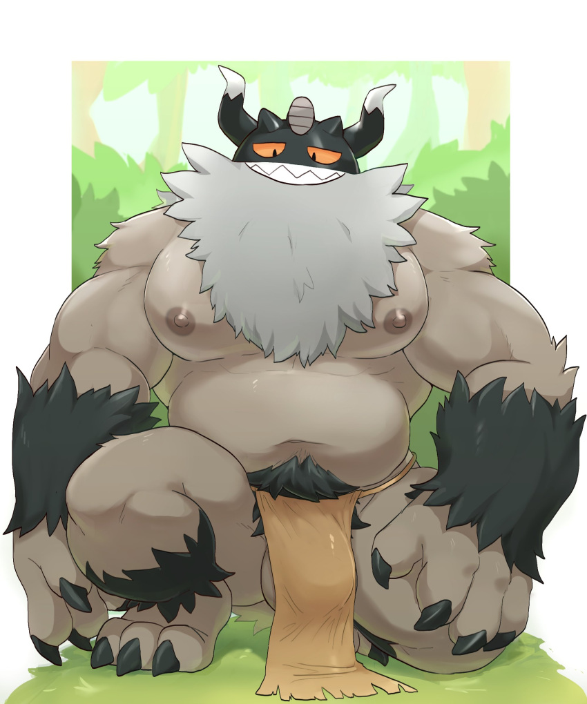 2021 absurd_res anthro balls belly bottomwear bulge clothing genitals hi_res horn humanoid_hands loincloth male moobs musclegut navel nintendo nipples o-ro outside overweight overweight_anthro overweight_male perrserker pok&eacute;mon pok&eacute;mon_(species) solo video_games