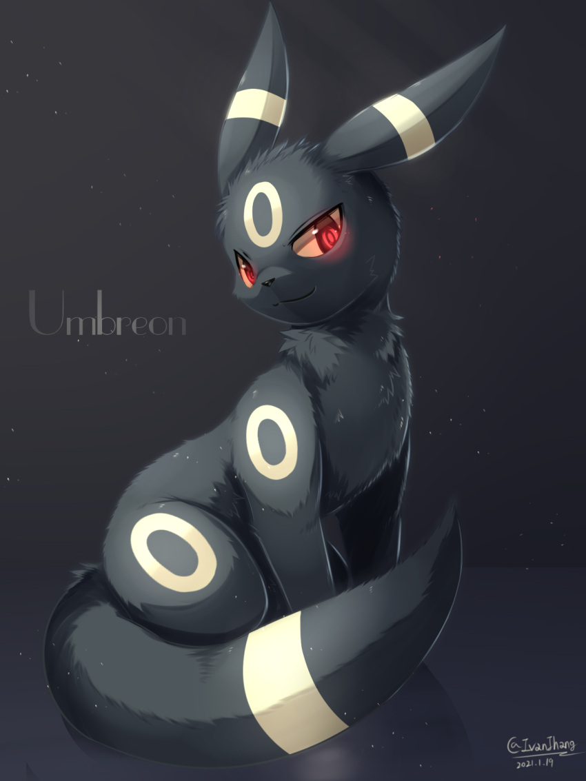 black_fur character_name closed_mouth creature dated full_body gen_2_pokemon glowing glowing_eyes highres ivan_(ffxazq) looking_at_viewer no_humans pokemon pokemon_(creature) red_eyes signature smile umbreon