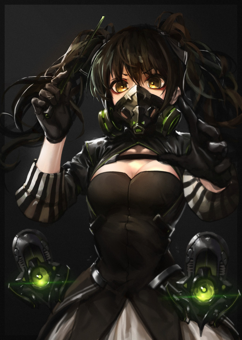 1girl absurdres bangs baton_(instrument) black_gloves black_hair breasts cleavage cowboy_shot dress drone gas_mask girls_frontline gloves highres hijiwryyyyy long_hair looking_at_viewer mask medium_breasts sangvis_ferri scarecrow_(girls_frontline) solo twintails yellow_eyes