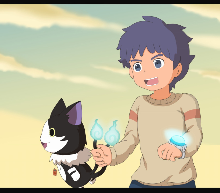 1960s_(style) 1boy animal_ears beige_sweater black_fur cat_ears cat_tail dark_blue_hair excited highres karasusyoui nekomata nekomata_(youkai_watch) retro_artstyle shin_shimomachi smile sweater tail talisman watch youkai youkai_watch youkai_watch_(object)