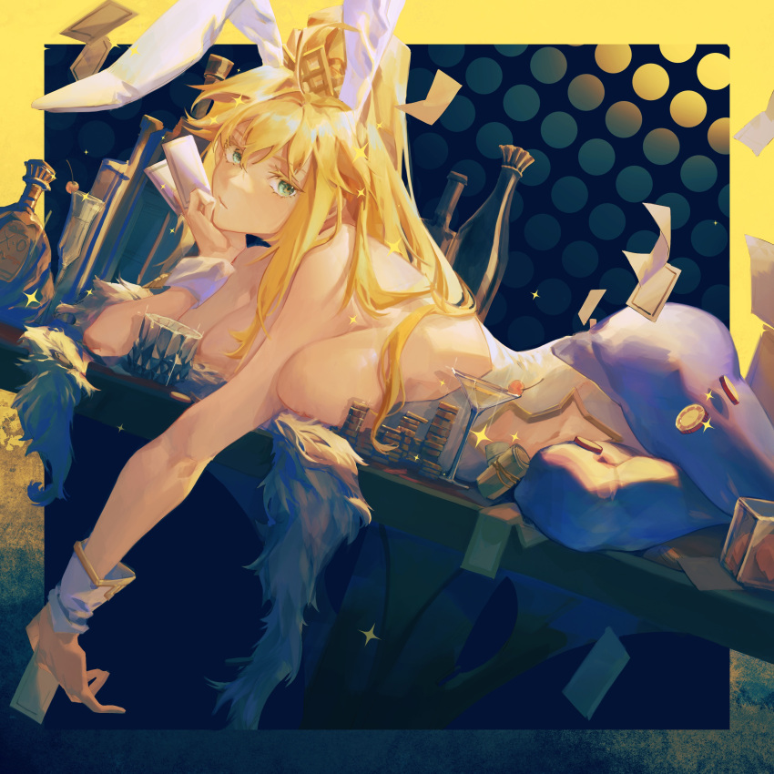 1girl absurdres ahoge animal_ears artoria_pendragon_(all) artoria_pendragon_(swimsuit_ruler)_(fate) bangs bare_shoulders blonde_hair blue_legwear blue_neckwear bottle braid breasts bunny_ears card cleavage clothing_cutout cocktail_glass cup detached_collar drinking_glass fate/grand_order fate_(series) feather_boa fishnet_legwear fishnets french_braid green_eyes hair_between_eyes highleg highleg_leotard highres large_breasts leotard long_hair lying navel navel_cutout necktie on_side playboy_bunny playing_card poker_chip ponytail sidelocks sin_node sparkle thighs tiara white_leotard wrist_cuffs