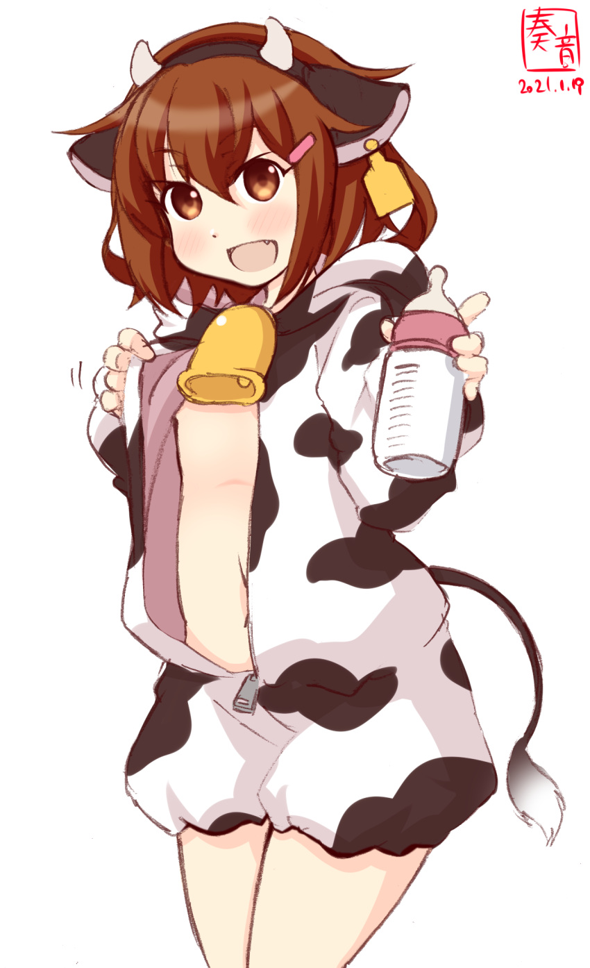1girl alternate_costume animal_costume animal_ears animal_hood artist_logo baby_bottle bell bottle brown_eyes brown_hair commentary_request cow_costume cow_ears cow_horns cowbell cowboy_shot dated ear_tag fake_animal_ears fake_horns fang flat_chest hair_ornament hairclip highres hood horns ikazuchi_(kantai_collection) kanon_(kurogane_knights) kantai_collection no_bra open_clothes short_hair simple_background solo white_background