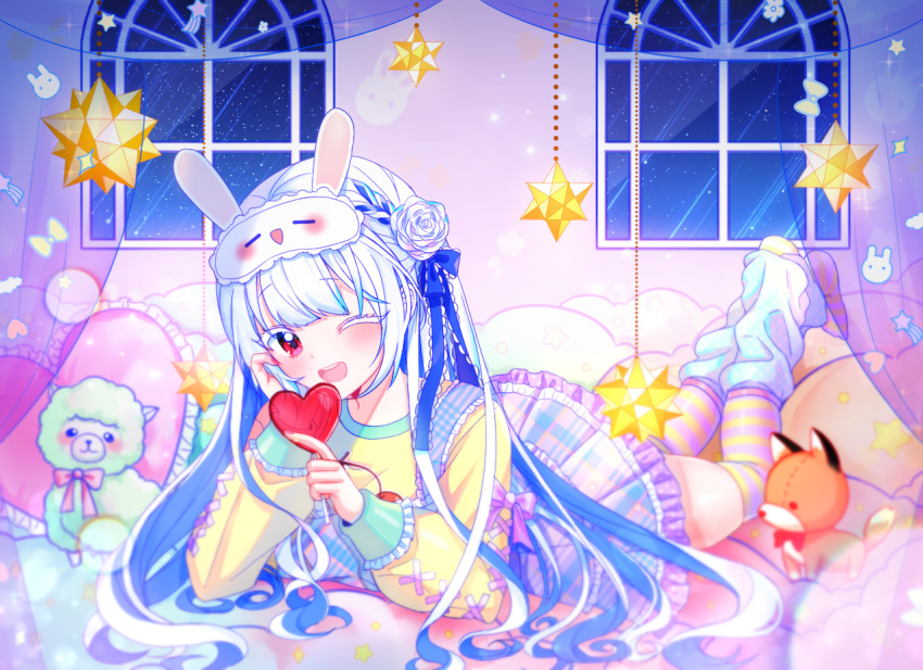 1girl ;d bangs blue_hair blush candy colored_eyelashes curtains eyebrows_visible_through_hair falling_star flower food frilled_skirt frills full_body hair_flower hair_ornament heart_lollipop holding holding_candy holding_food holding_lollipop indoors legs_up lollipop long_hair long_sleeves looking_at_viewer lying mamel_27 mask mask_on_head multicolored_hair night night_sky on_stomach one_eye_closed open_mouth original plaid plaid_skirt pleated_skirt puffy_long_sleeves puffy_sleeves red_eyes rose shirt skirt sky sleep_mask smile solo star_(sky) starry_sky streaked_hair striped striped_legwear stuffed_alpaca stuffed_animal stuffed_fox stuffed_toy thighhighs transparent upper_teeth very_long_hair white_flower white_hair white_rose window yellow_shirt