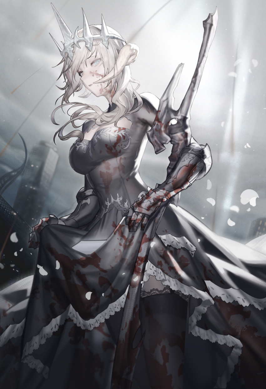 1girl absurdres ajirui au_ra black_dress black_legwear blonde_hair blood blood_on_face bloody_clothes bloody_weapon blue_eyes breasts building cleavage_cutout clothing_cutout crown dress final_fantasy final_fantasy_xiv gauntlets highres horns long_hair long_sleeves looking_at_viewer medium_breasts open_mouth petals scales skirt_hold skyscraper solo thighhighs weapon