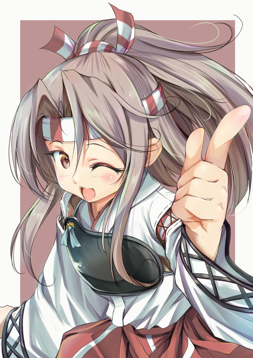 1girl commentary_request cowboy_shot grey_hair hachimaki hakama hakama_pants headband high_ponytail highres index_finger_raised japanese_clothes kantai_collection long_hair looking_at_viewer muneate one_eye_closed ponytail red_hakama solo yashin_(yasinz) zuihou_(kantai_collection)