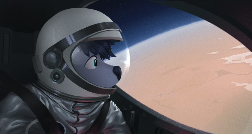 anthro astronaut atmosphere blue_body blue_eyes blue_fur blue_hair canid canine canis cloud desert domestic_dog fur hair hi_res looking_outside male mammal nule planet solo space space_helmet spacecraft spacesuit vehicle