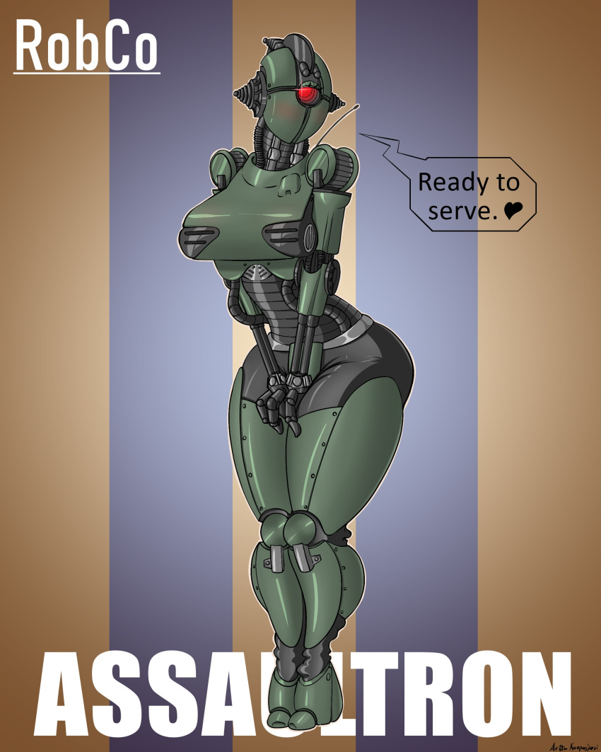 &lt;3 4:5 absurd_res arttukorppu assaultron bethesda_softworks blush dialogue english_text fallout female hi_res machine robot simple_background solo standing text thick_thighs video_games