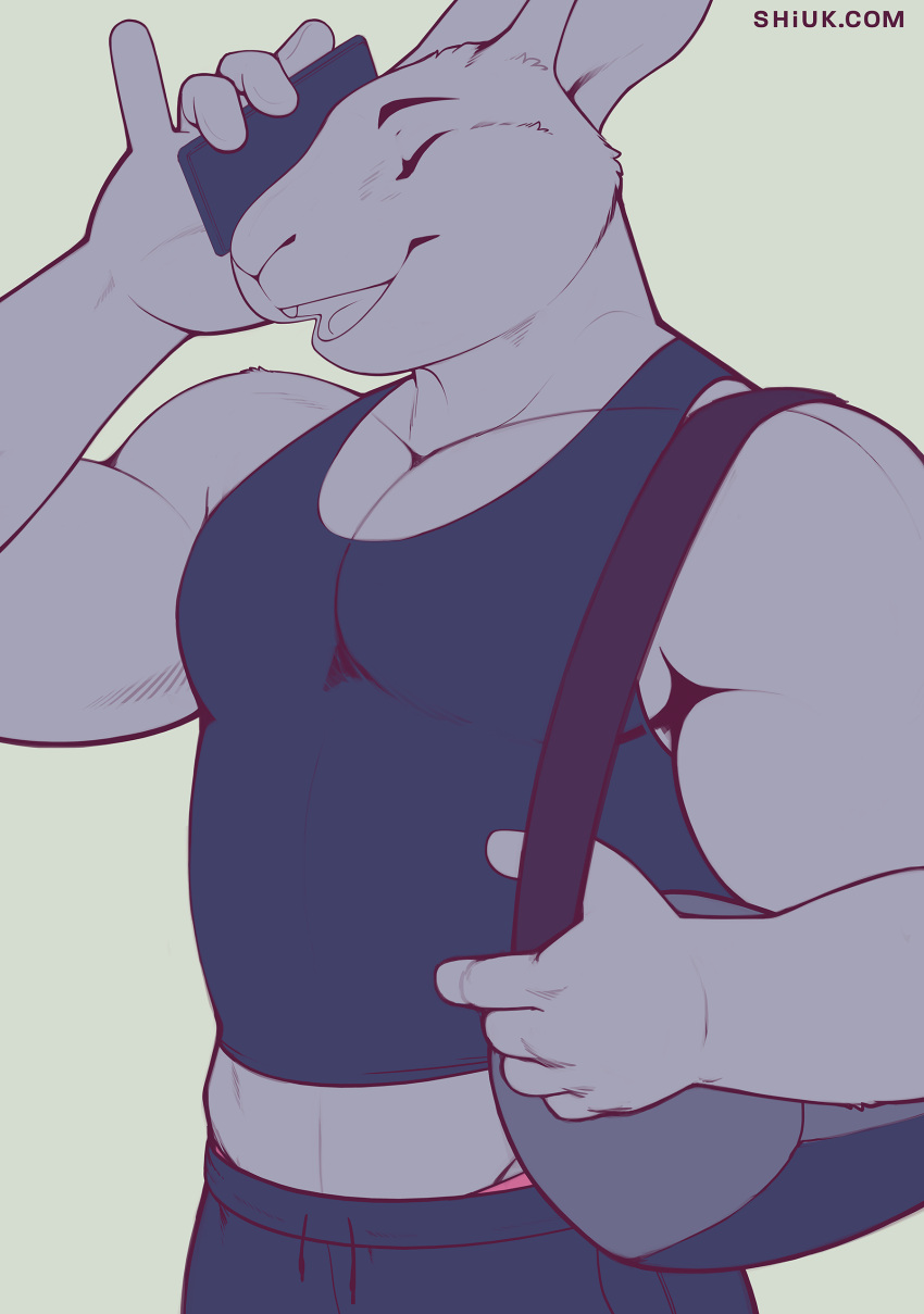 absurd_res anthro biceps blue_clothing buckteeth clothed clothing eyes_closed fur hi_res holding_object lagomorph leporid mammal midriff open_mouth pecs pink_clothing rabbit shiuk solo teeth text tongue url
