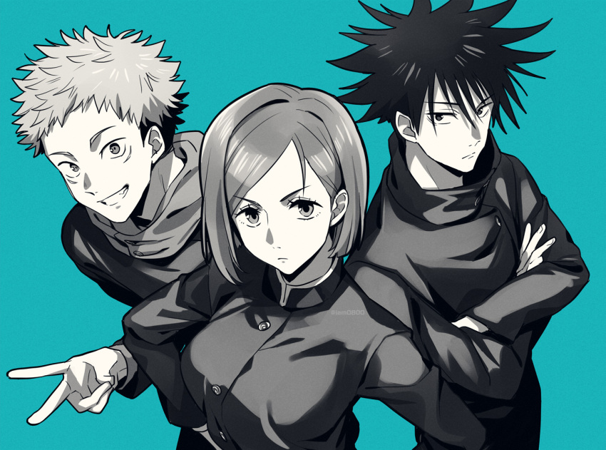 1girl 2boys bangs breasts buttons closed_mouth commentary_request crossed_arms fushiguro_megumi gakuran green_background greyscale grin hair_between_eyes hands_on_hips high_collar hood hood_down itadori_yuuji jujutsu_kaisen kugisaki_nobara long_sleeves looking_at_viewer monochrome multiple_boys sayshownen school_uniform short_hair simple_background smile spiked_hair teeth twitter_username upper_body v watermark