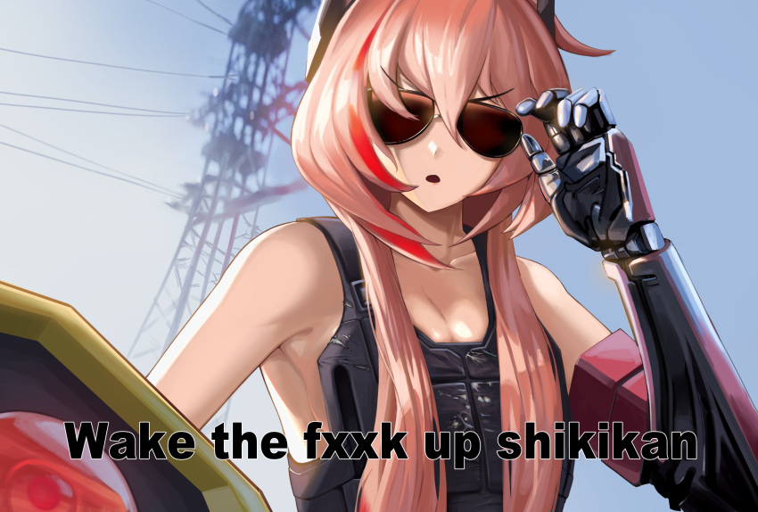 1girl bangs breasts censored_text cleavage collarbone cosplay cyberpunk_2077 girls_frontline highlights highres johnny_silverhand johnny_silverhand_(cosplay) long_hair m4_sopmod_ii_(girls_frontline) mechanical_arm milkdd multicolored_hair ro635_(dinergate) sideboob sidelocks sunglasses very_long_hair